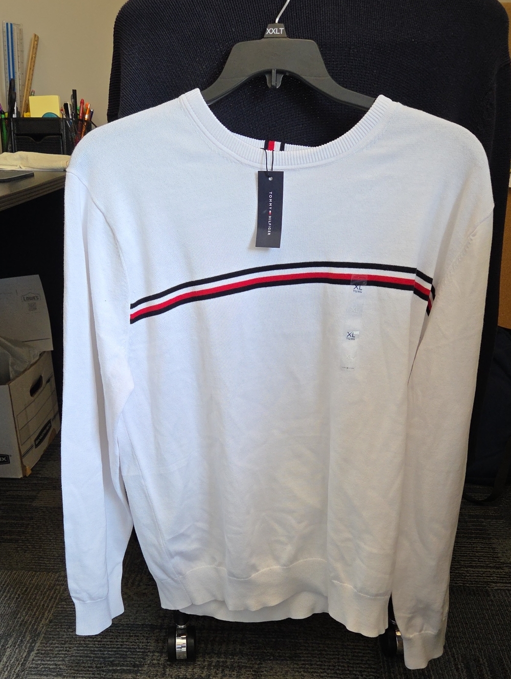 Tommy Hilfiger Men's  White Crewneck Sweater with Chest Stripe Size XL NWT